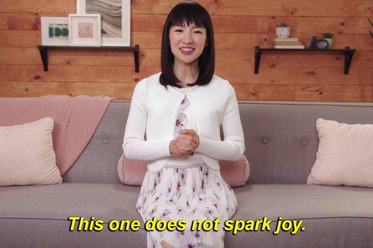 Shot of Marie Kondo captioned: 'this one does not spark joy'.