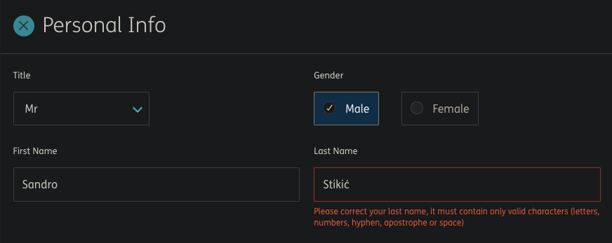 Please correct your last name, it must contain only valid characters (letters, numbers, hyphen, apostrophe or space)