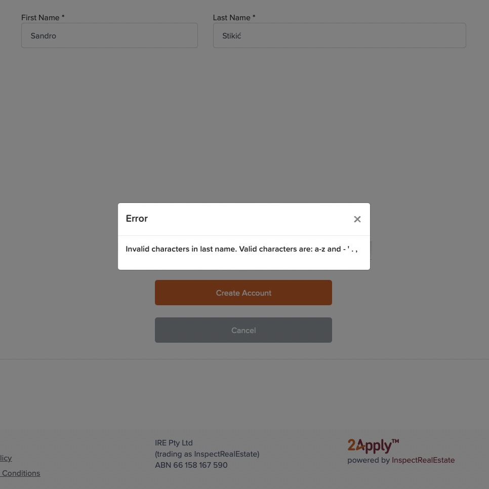Invalid characters in last name. Valid characters are: a-z and -'.,
